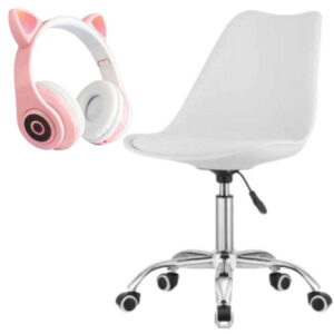 Scaun birou ergonomic alb cu roti cauciucate si casti wireless urechi pisica cu led slot card disponibile la Mercaton pentru confort si distractie. Comanda acum