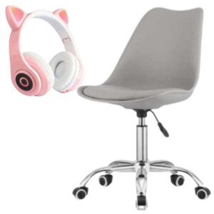 Scaun birou ergonomic gri cu roti cauciucate si casti wireless urechi pisica cu led slot card disponibile la Mercaton pentru confort si distractie. Comanda acum