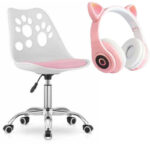Scaun birou ergonomic alb roz cu roti cauciucate si casti wireless urechi pisica cu led slot card disponibile la Mercaton pentru confort si distractie. Comanda acum