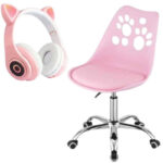 Scaun birou ergonomic roz cu roti cauciucate si casti wireless urechi pisica cu led slot card disponibile la Mercaton pentru confort si distractie. Comanda acum