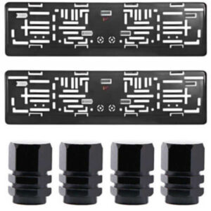 Set 2 suporti numar auto PVC flexibil si 4 capace valve aluminiu negre protejeaza supapele si ofera fixare sigura. Disponibil la Mercaton. Comanda acum