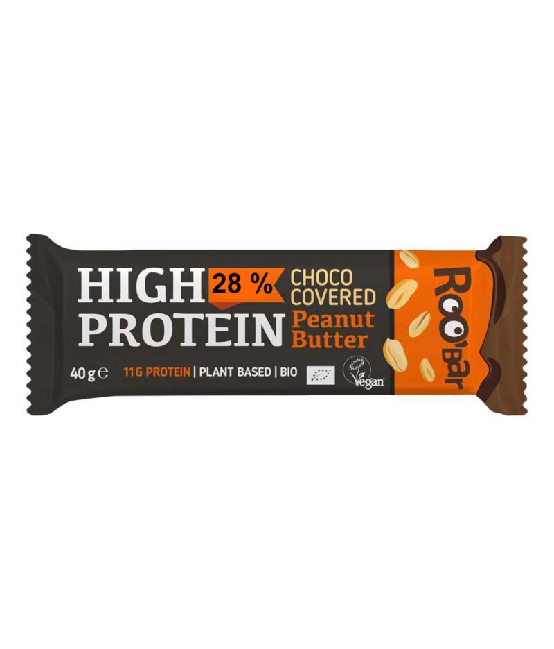 Baton proteic cu crema de arahide invelit in ciocolata bio 40g Roobar