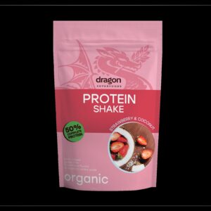 Shake proteic capsuni si cocos bio 450g Dragon Superfoods - 50% proteine