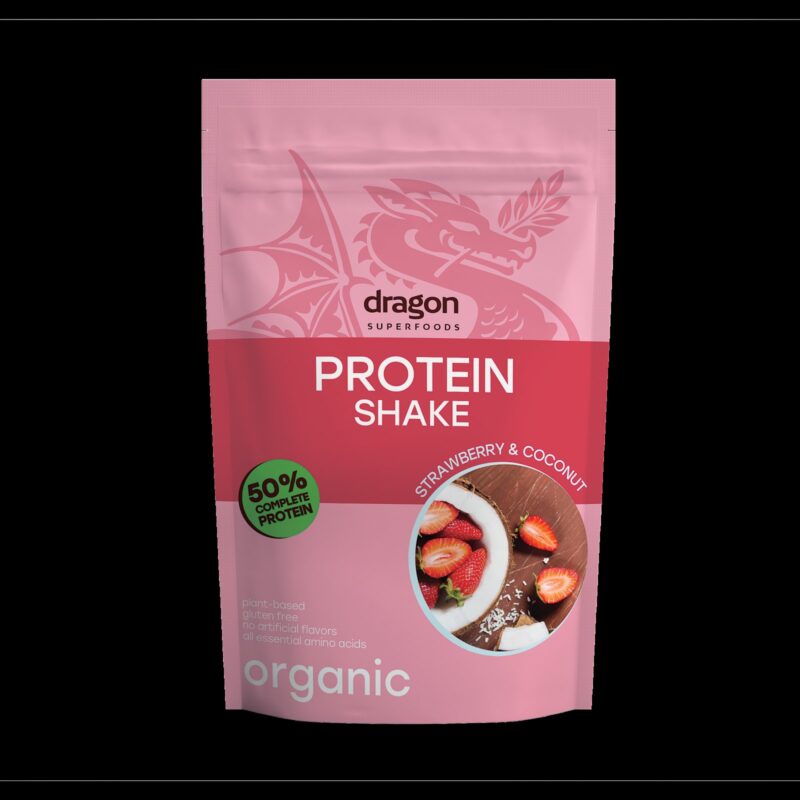 Shake proteic capsuni si cocos bio 450g Dragon Superfoods - 50% proteine